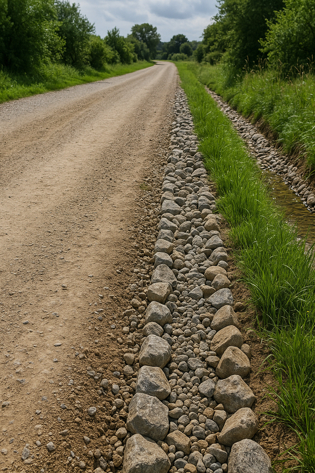 Sistema de drenaje con piedras y grava en camino rural, técnica sostenible para evitar erosión y encharcamiento