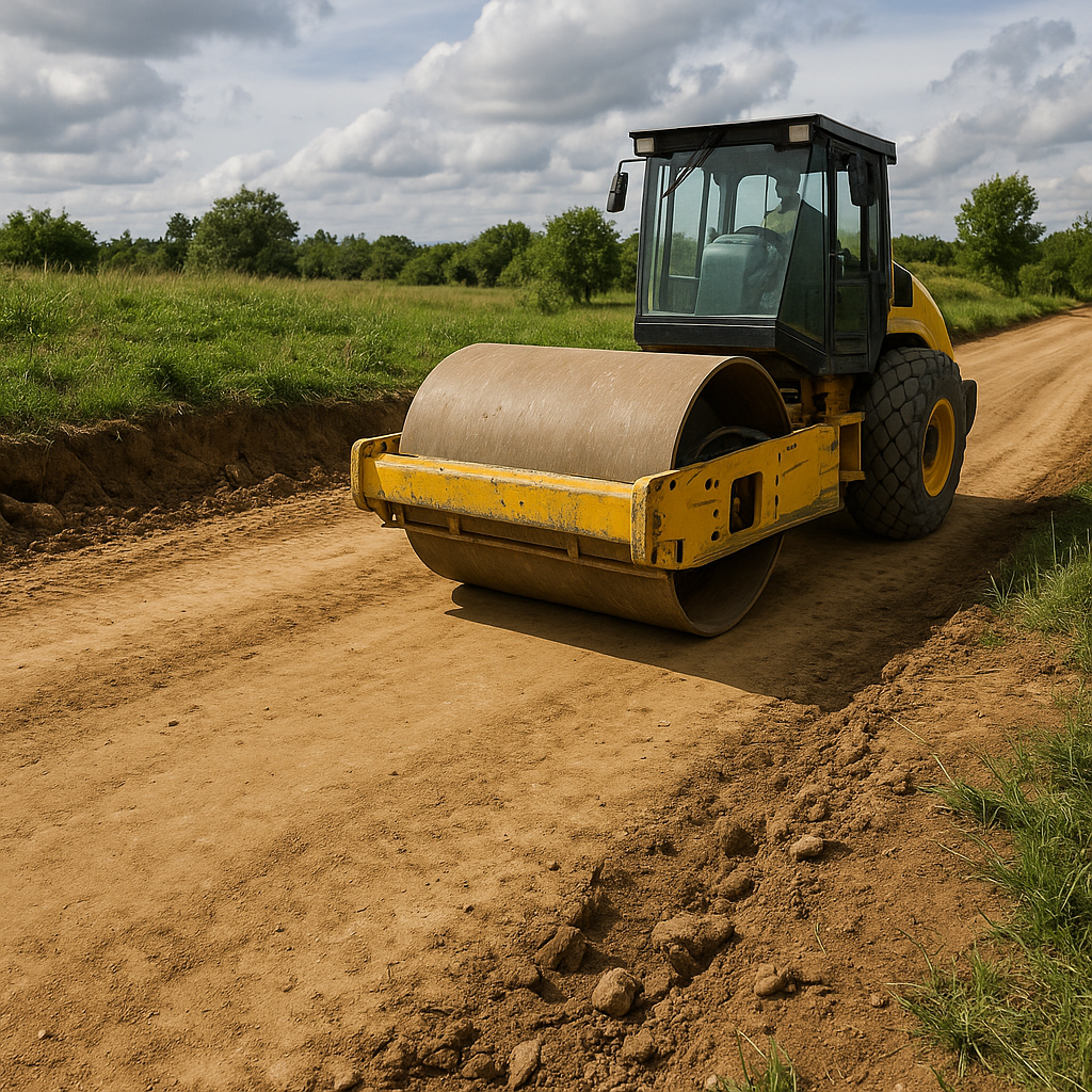 Compactación de suelo rural con maquinaria pesada para mejorar la base de caminos agrícolas sostenibles