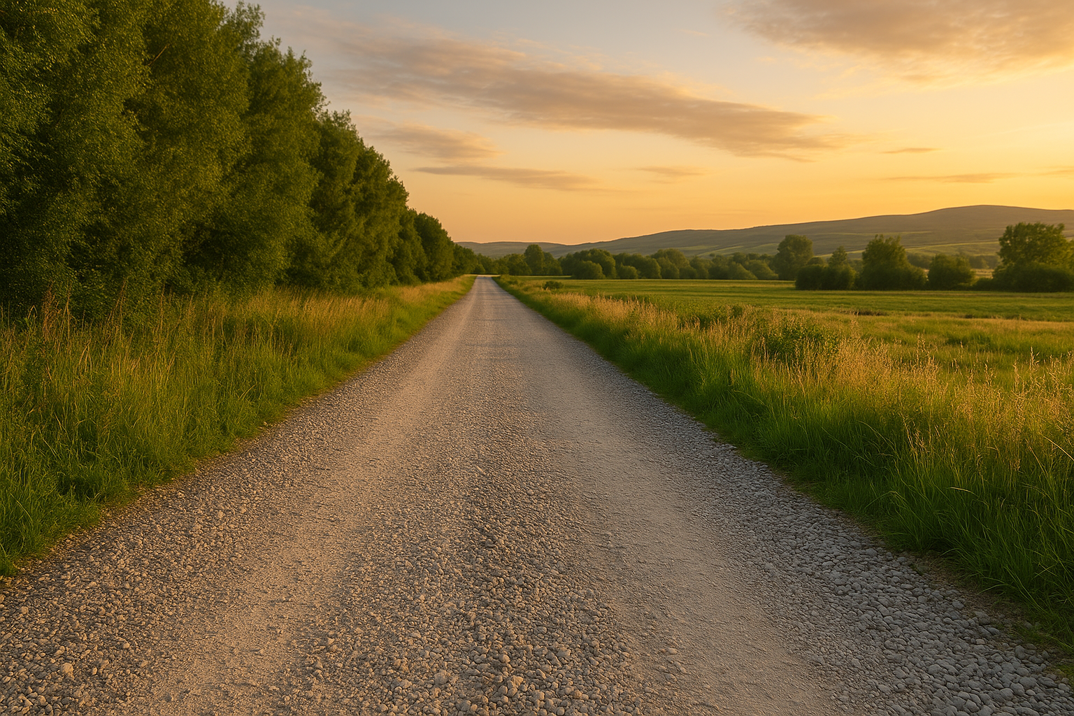 Camino rural de grava con vegetación al atardecer, ejemplo de infraestructura eficiente y sostenible en el entorno agrícola