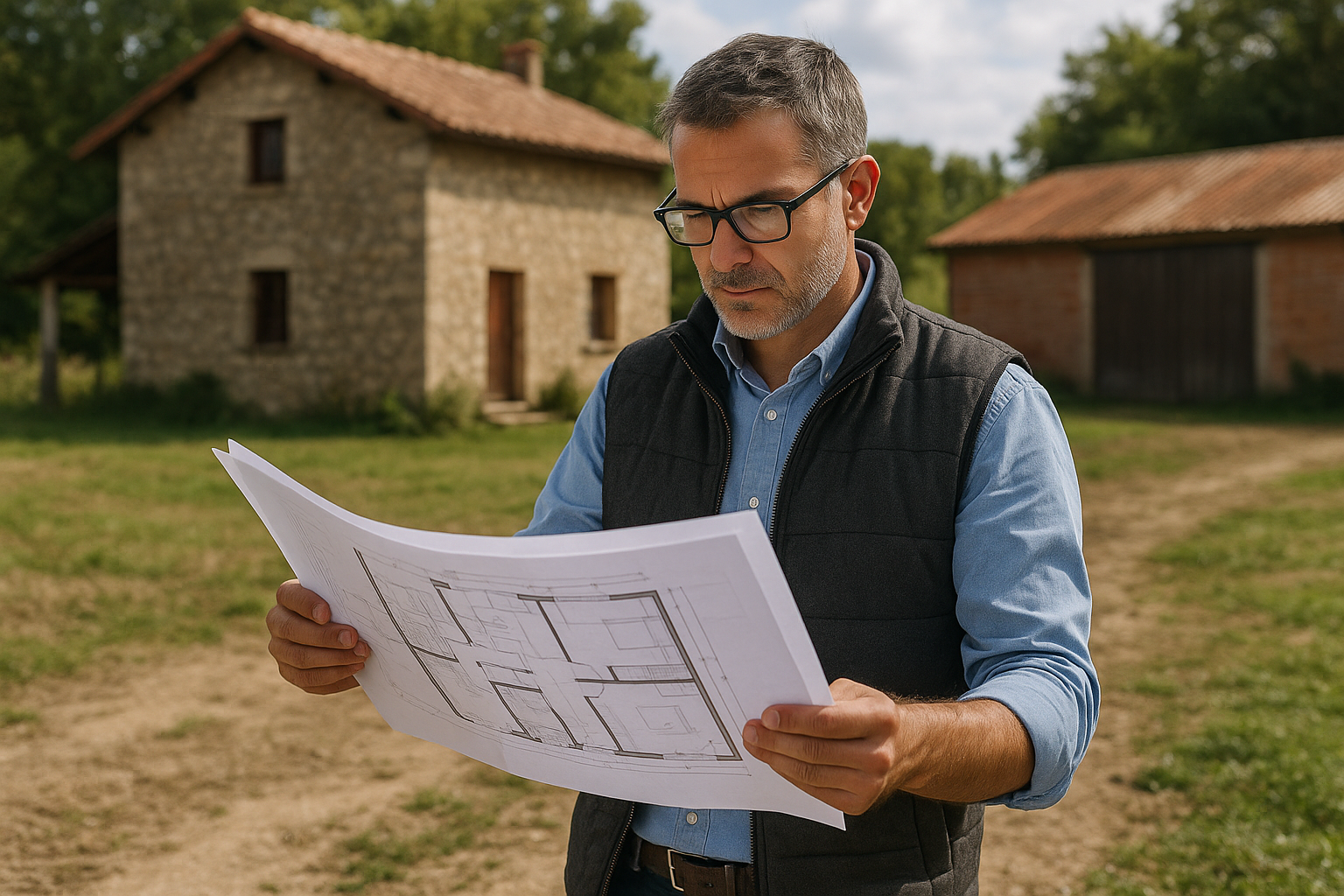 Arquitecto inspeccionando vivienda en suelo rural para su regularización Empresas especializadas en regularizar construcciones rurales y viviendas antiguas