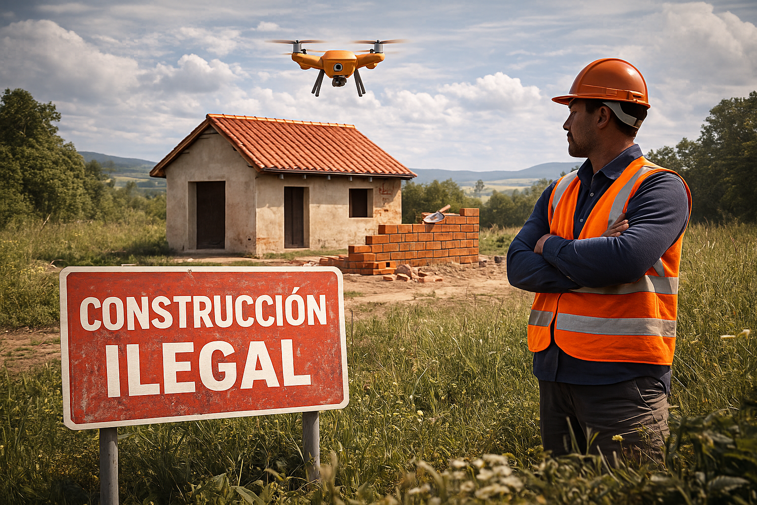 Inspección de construcción ilegal en el campo con dron y técnico revisando obra sin licencia en suelo rústico