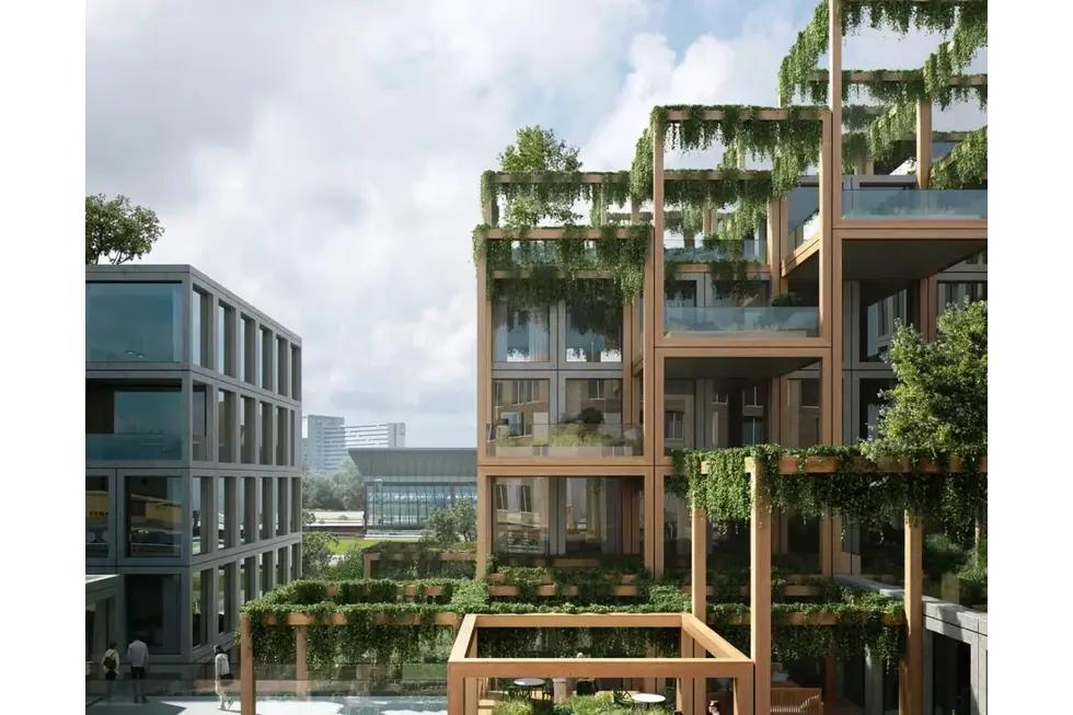 Edificios modulares sostenibles con diseño bioclimático Arquitectura sostenible y construcción modular eficiente con integración vegetal