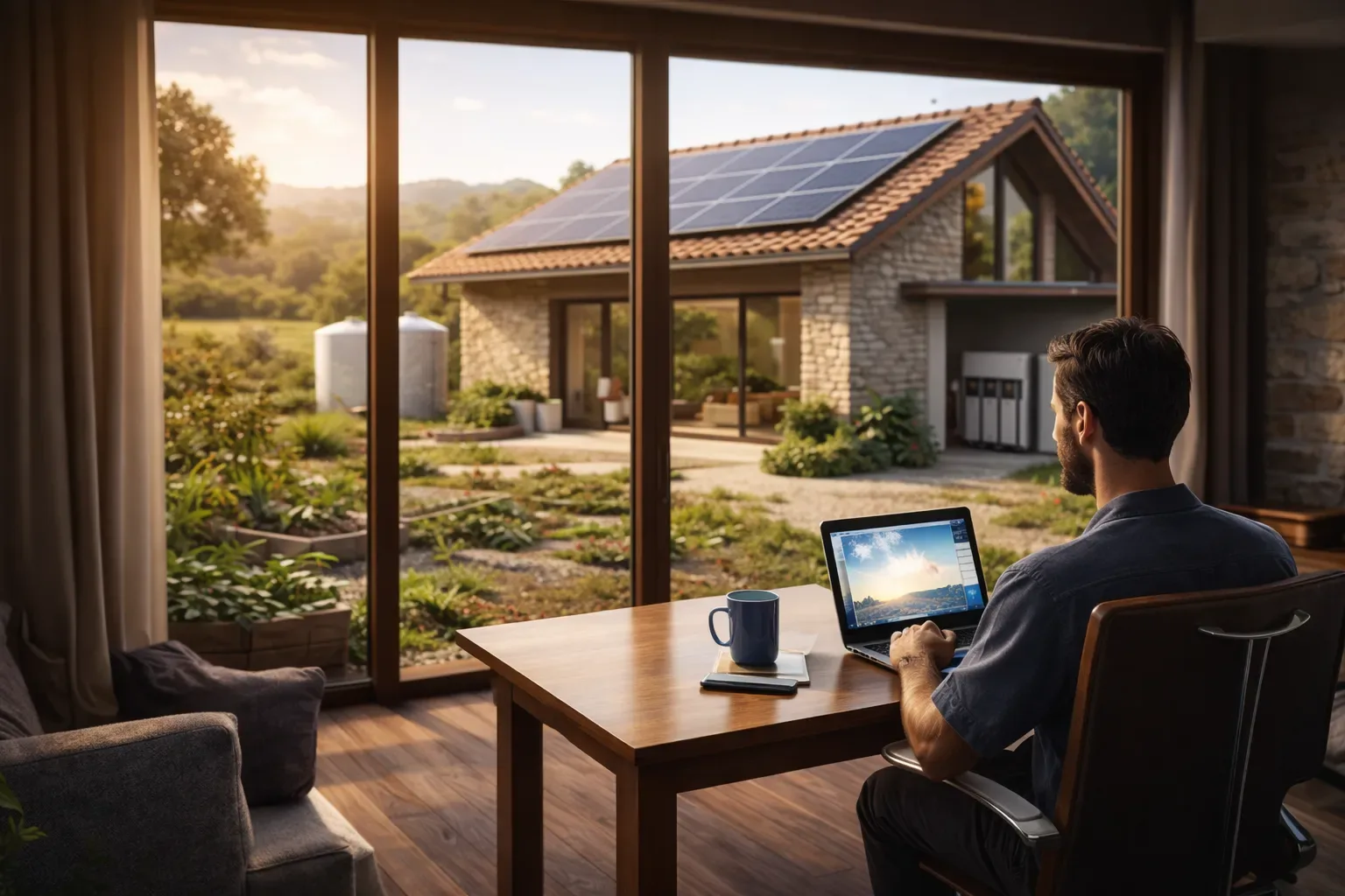 Hombre teletrabajando desde una vivienda rural autosuficiente con paneles solares y sistemas de energía propia