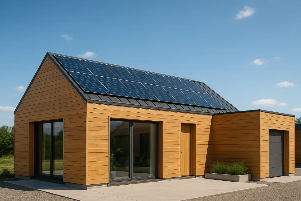 Casa autosuficiente con energía solar en entorno rural Vivienda rural autosuficiente moderna con paneles solares y arquitectura sostenible en el campo
