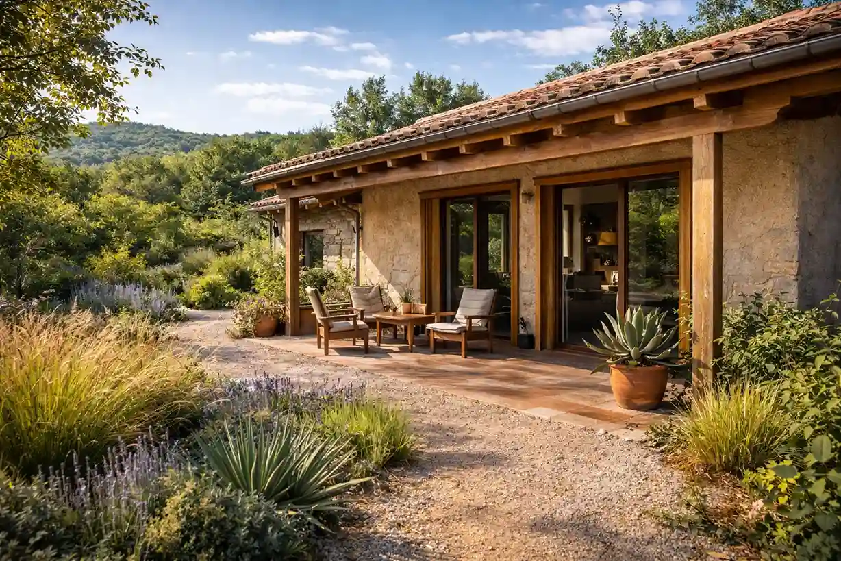 Casa rural bioclimática con porche y jardín mediterráneo para mejorar el confort térmico