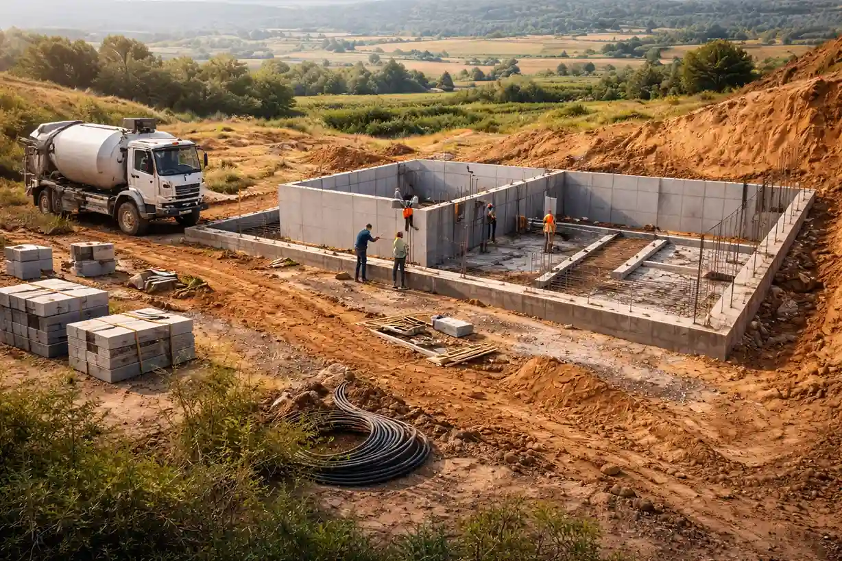Cimentación de vivienda rural en construcción, clave para calcular el coste por metro cuadrado