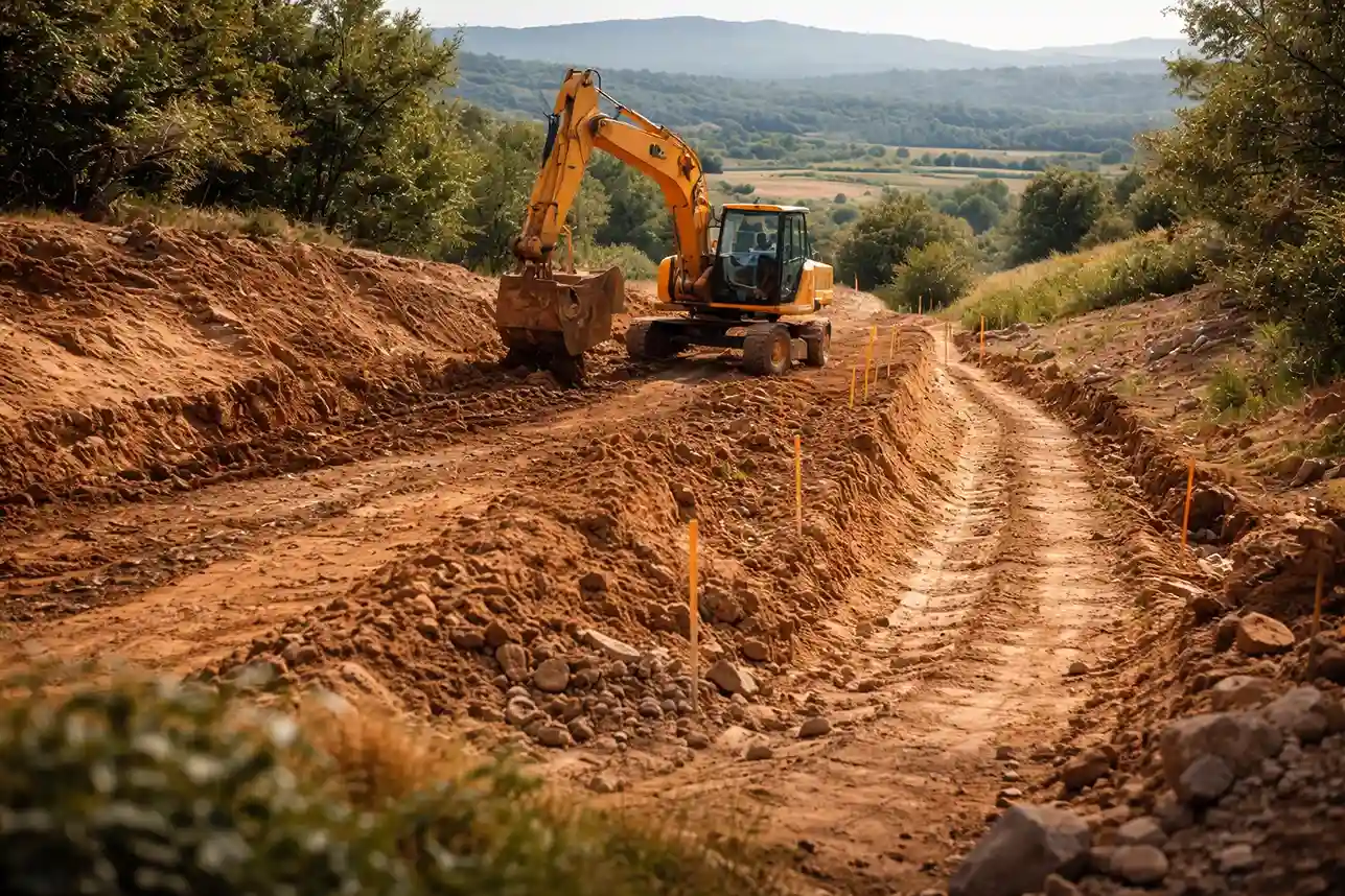 Maquinaria excavando un camino rural, un coste clave en proyectos de construcción en el campo