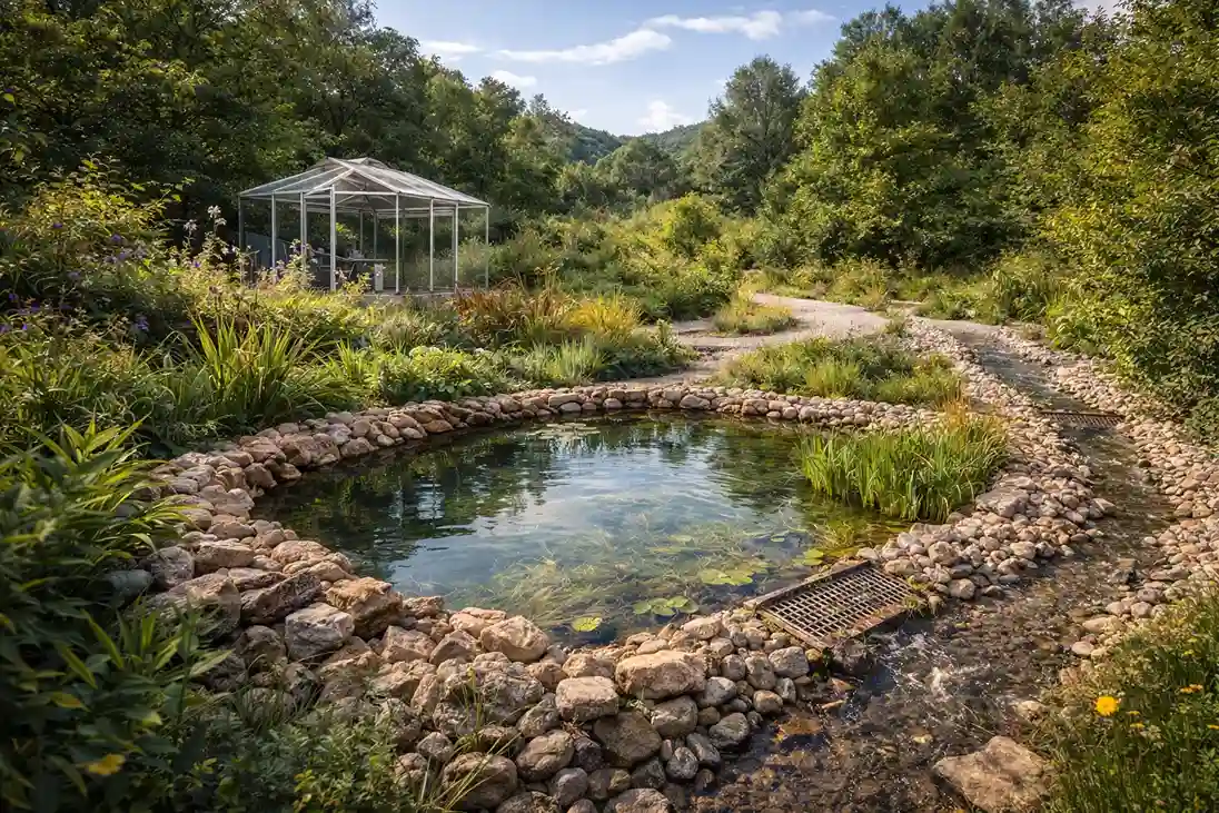 Sistema de gestión del agua rural con estanque natural y filtración vegetal