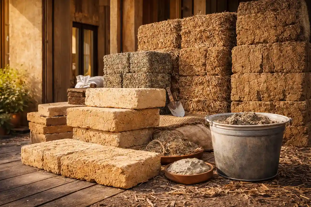 Bloques de adobe, paja compactada y fibras naturales para construcción rural sostenible