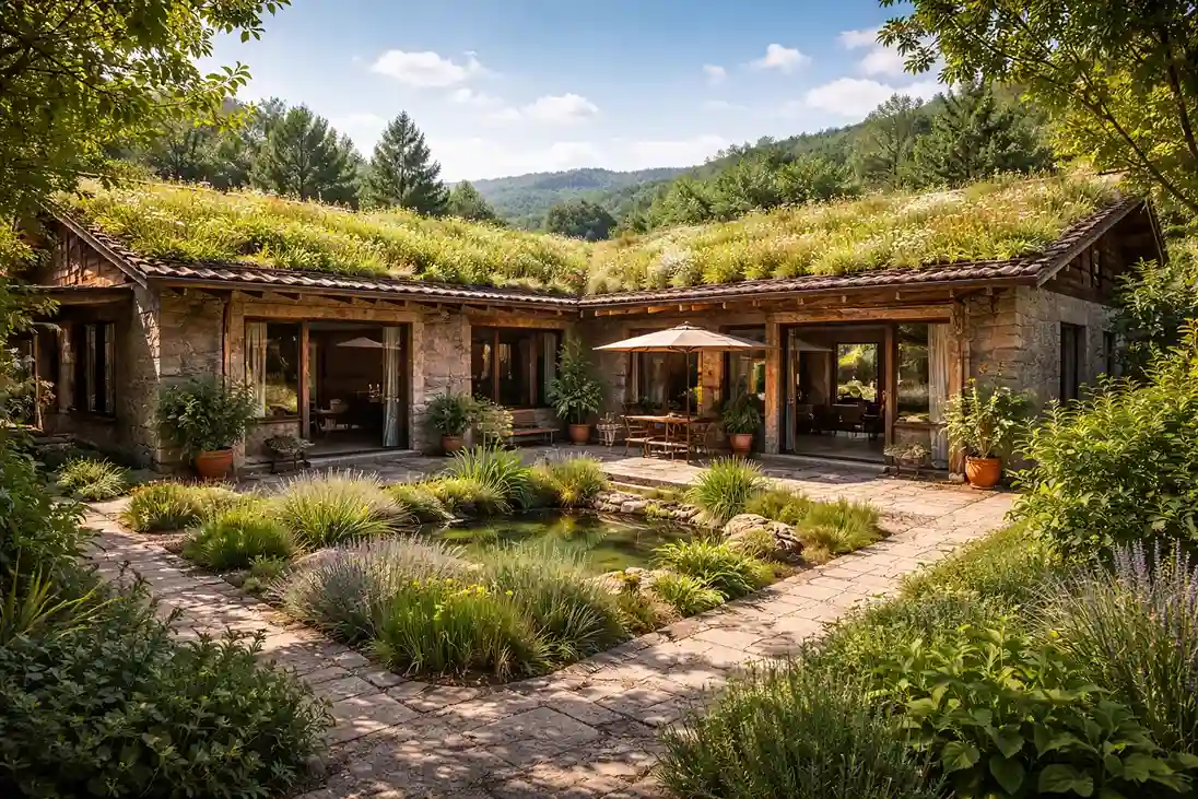 Vivienda bioclimática integrada en paisaje natural con cubierta vegetal y patio central