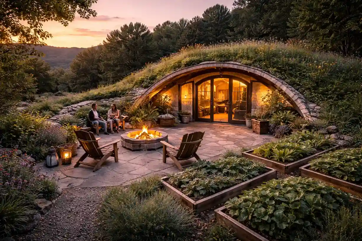 Vivienda ecológica semienterrada con cubierta vegetal y espacio exterior protegido
