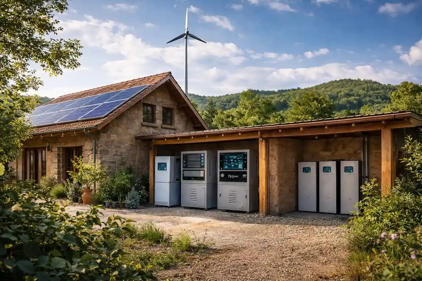 Vivienda rural autosuficiente con paneles solares y aerogenerador integrada en entorno natural
