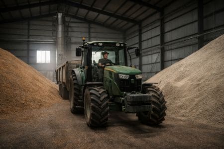tractor transportando cereal en almacén agrícola